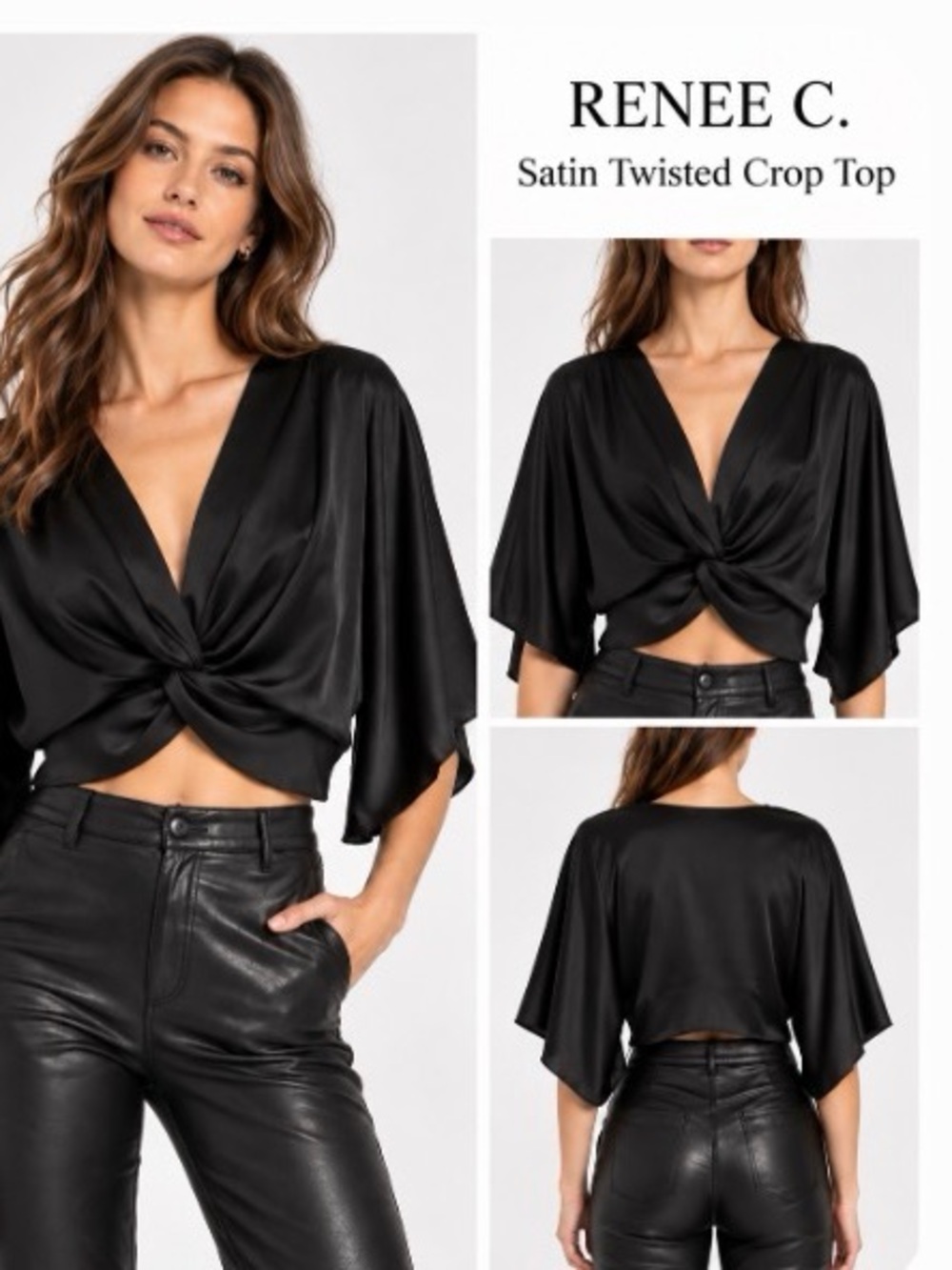 Renee C. Black Satin Twist-Front Crop Top